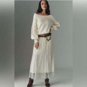 Anthropologie Off the Shoulder ruffle-edged sweater in Cream Size S, New!